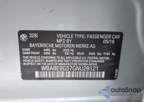 2016 BMW 328I из США, поврежденный, VIN WBA8E9G57GNU28121